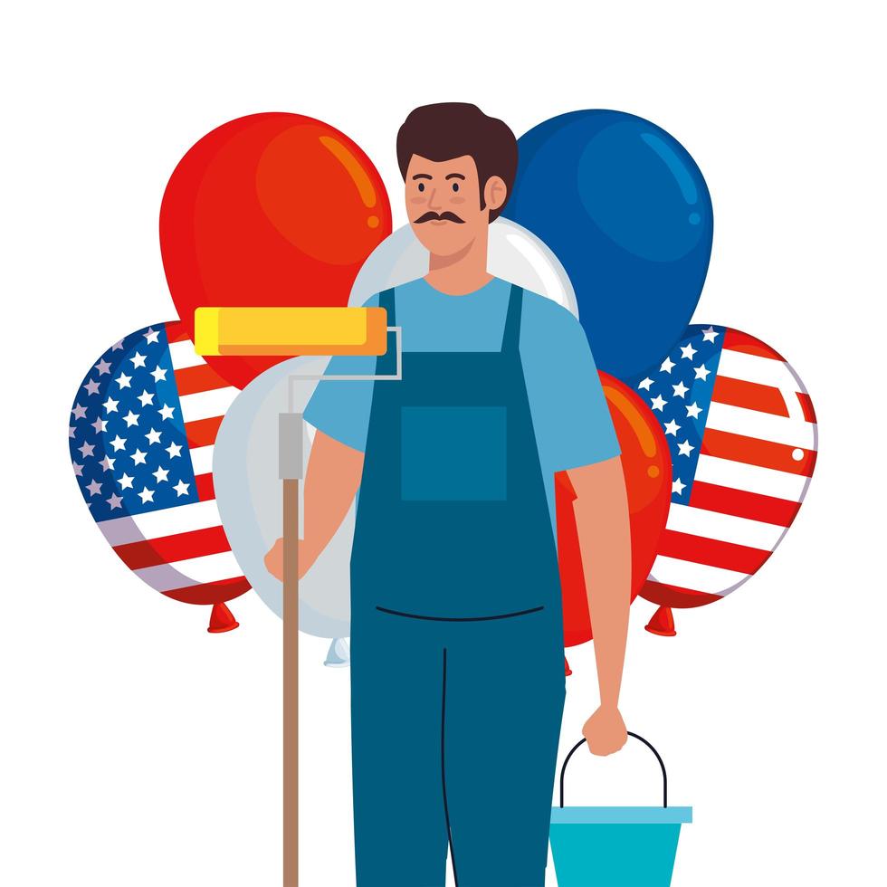 pintor homem com balde de rolo e desenho vetorial de balões dos EUA vetor