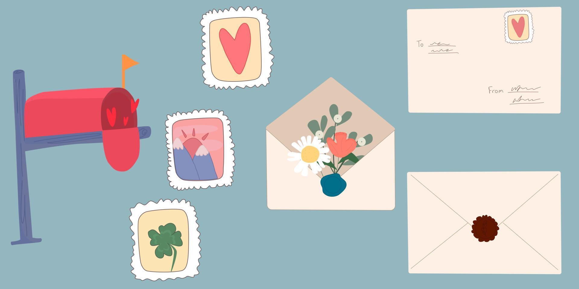 conjunto de itens de postagem, cartões postais, selos, cartas, caixa de correio vetor