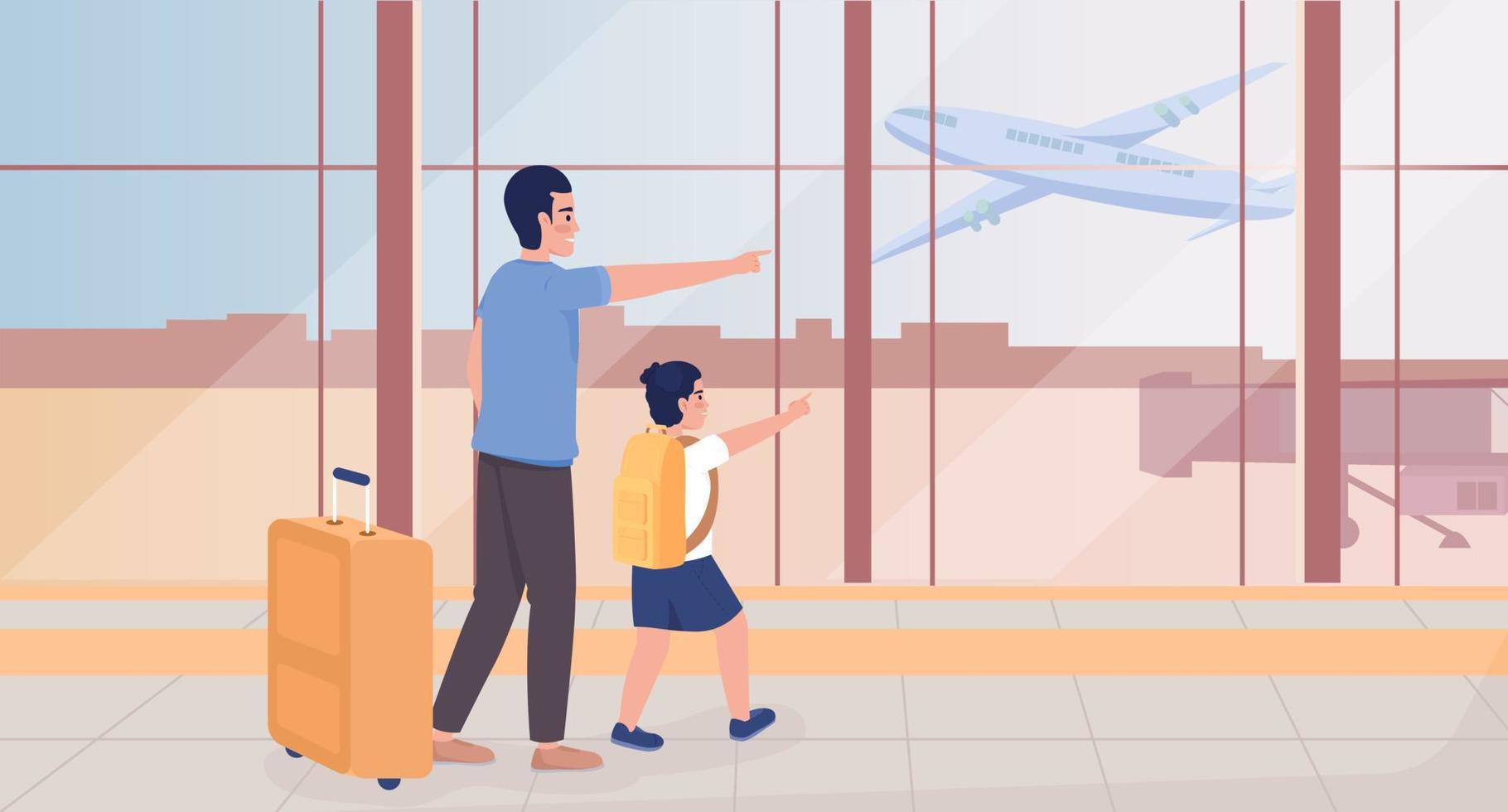 acabou de chegar à ilustração vetorial de cores planas do aeroporto. pai animado com menino apontando dedos no avião no céu. personagens de desenhos animados simples 2d totalmente editáveis com interior terminal em segundo plano vetor