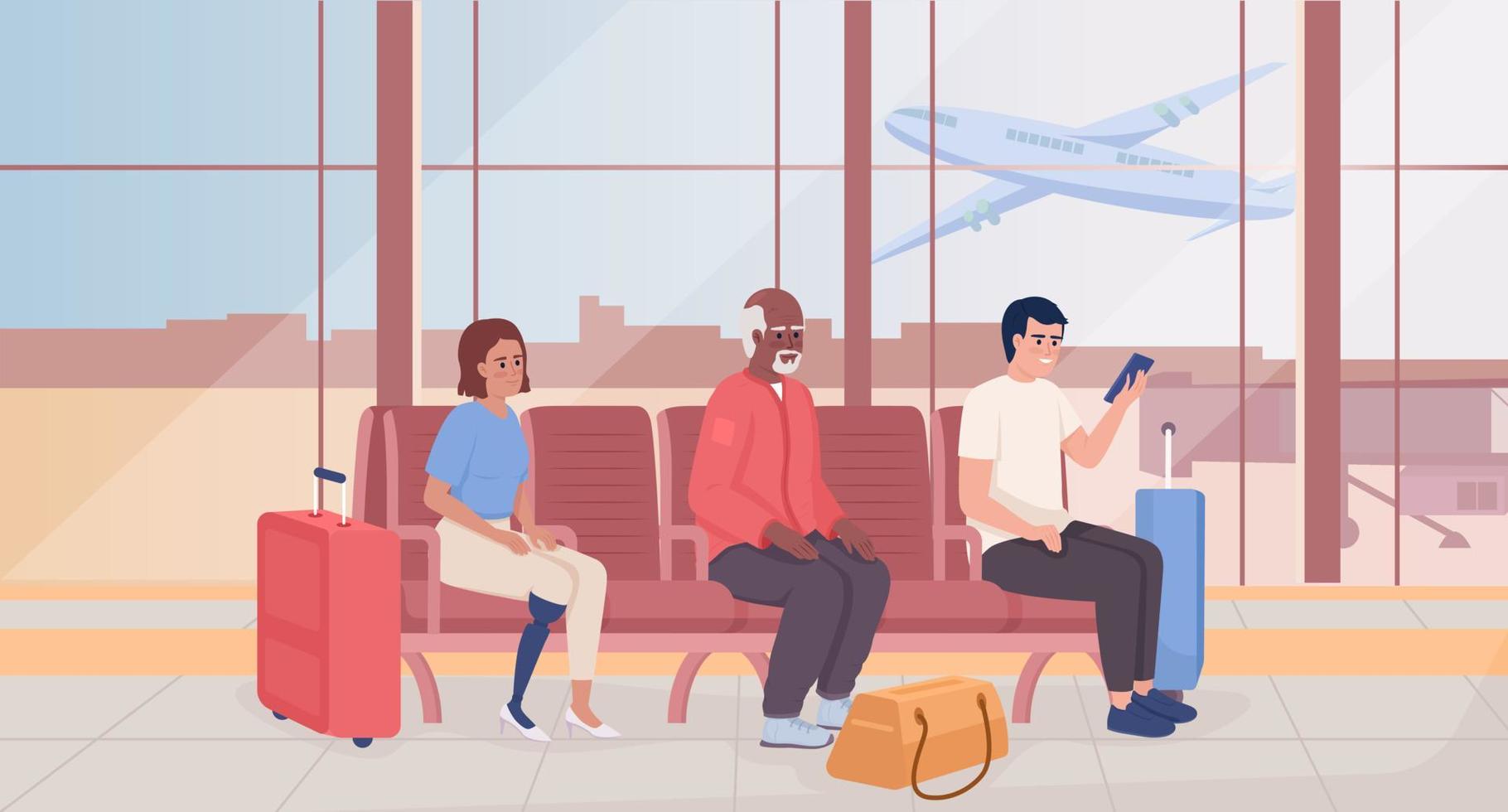 ilustração vetorial de cor plana do lounge do aeroporto. passageiros com bagagens e malas sentados em cadeiras. turistas esperando. personagens de desenhos animados simples 2d totalmente editáveis com interior terminal em segundo plano vetor