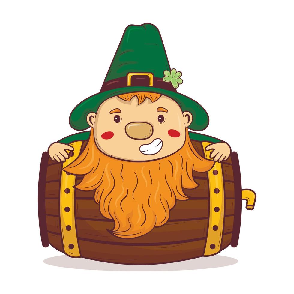 rabisco dos desenhos animados duende de barba ruiva saint patrick em um barril de cerveja vetor