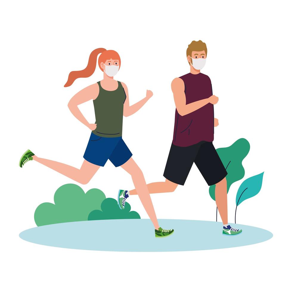 casal maratonista correndo usando máscara médica, ao ar livre, prevenção contra coronavírus covid 19 vetor