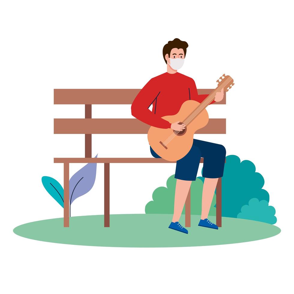 jovem usando máscara médica, tocando violão sentado em uma cadeira do parque vetor