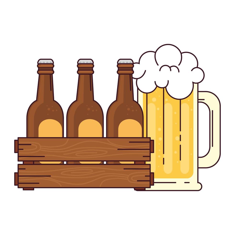cervejas em caixa de madeira com caneca de cerveja de vidro, sobre fundo branco vetor
