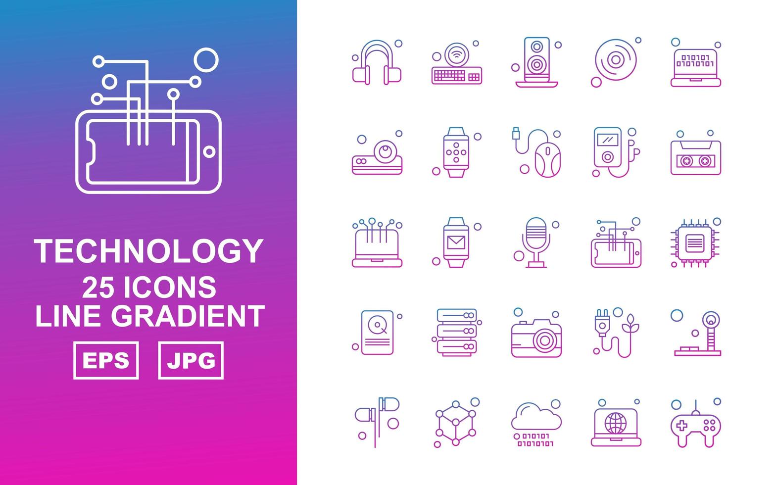 Pacote de ícones de gradiente de linha de 25 tecnologia premium vetor