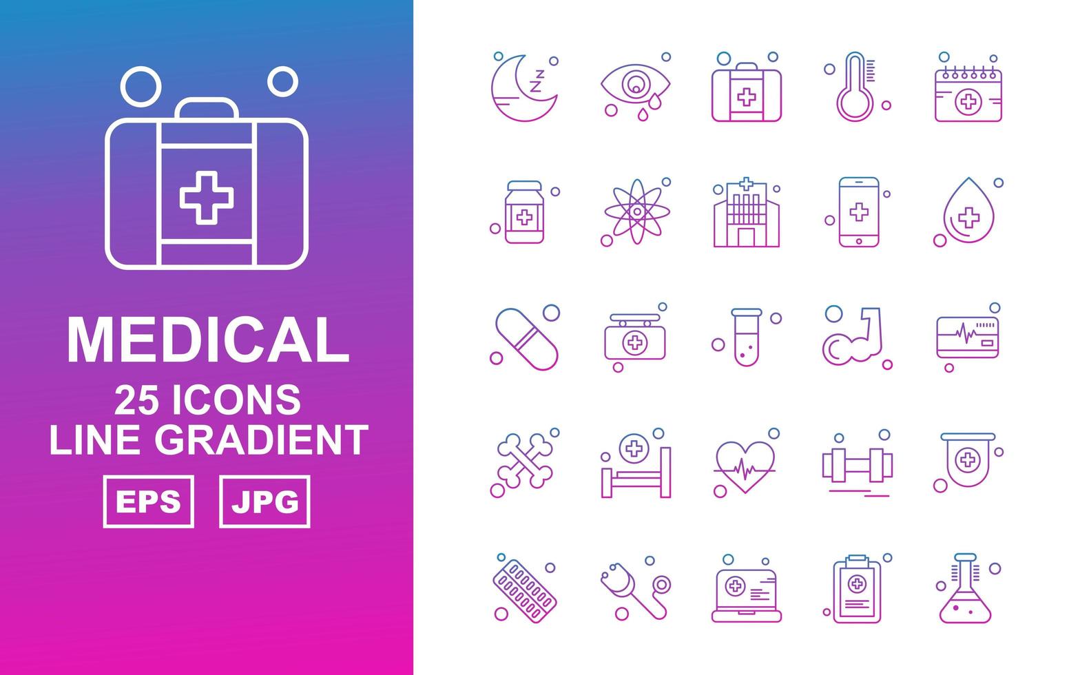 Pacote de ícones de gradiente com 25 linhas médicas premium vetor