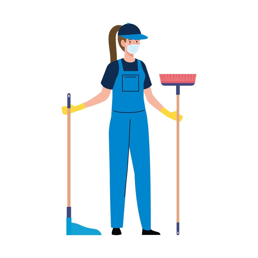 trabalhadora de serviço de limpeza usando máscara médica, com vassoura e seletor de limpeza, em fundo branco vetor