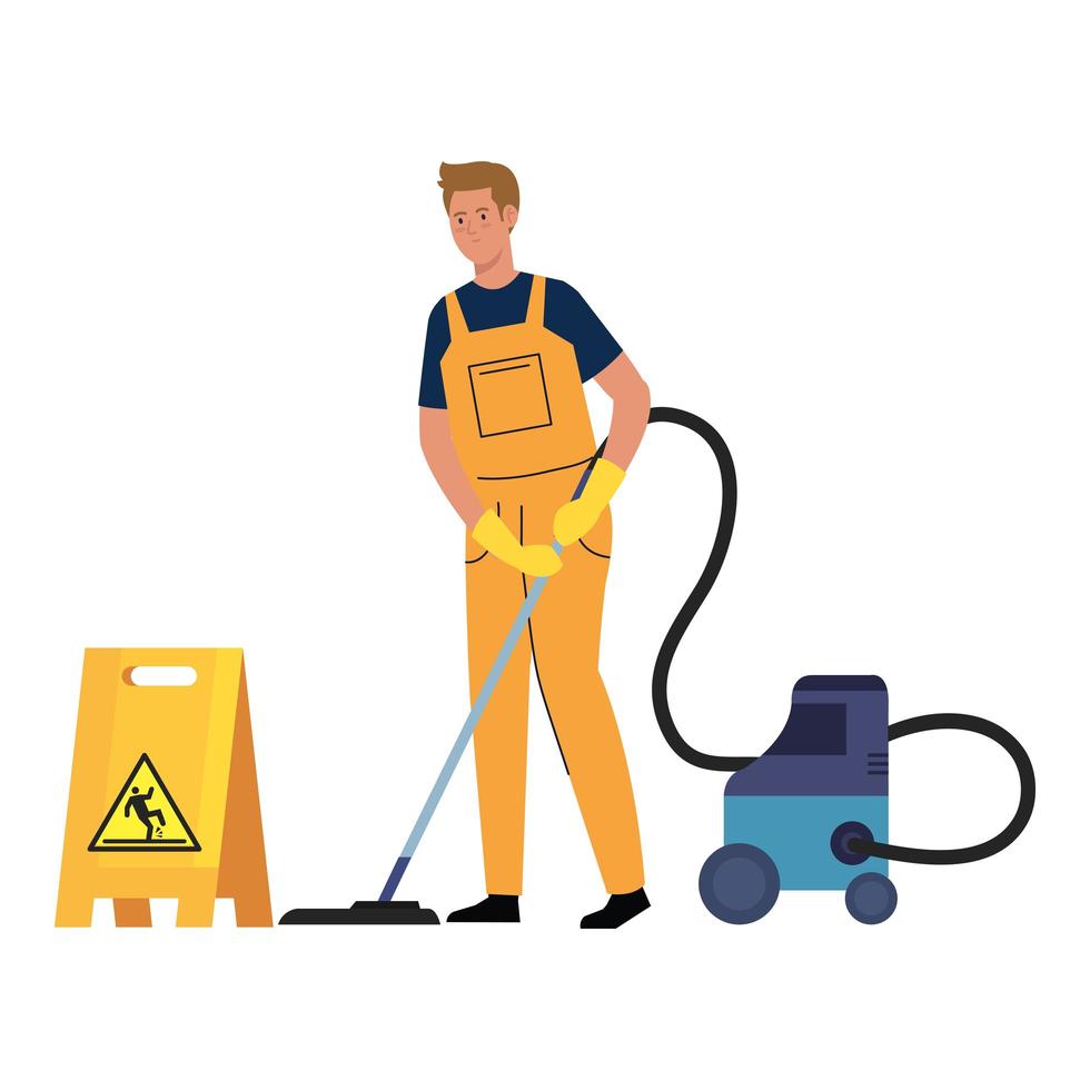 trabalhador de serviço de limpeza com aspirador de pó e sinal de advertência piso molhado, sobre fundo branco vetor