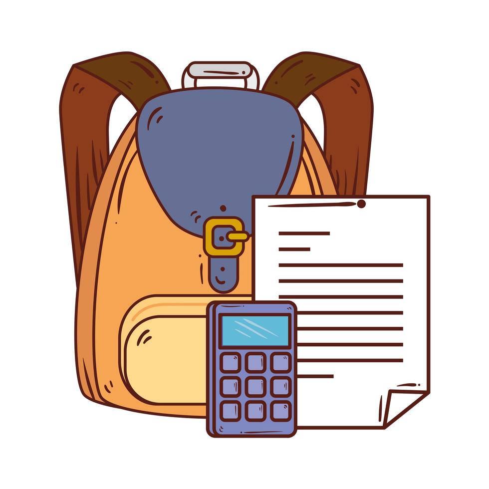 calculadora com documento em papel e bolsa escolar em fundo branco vetor
