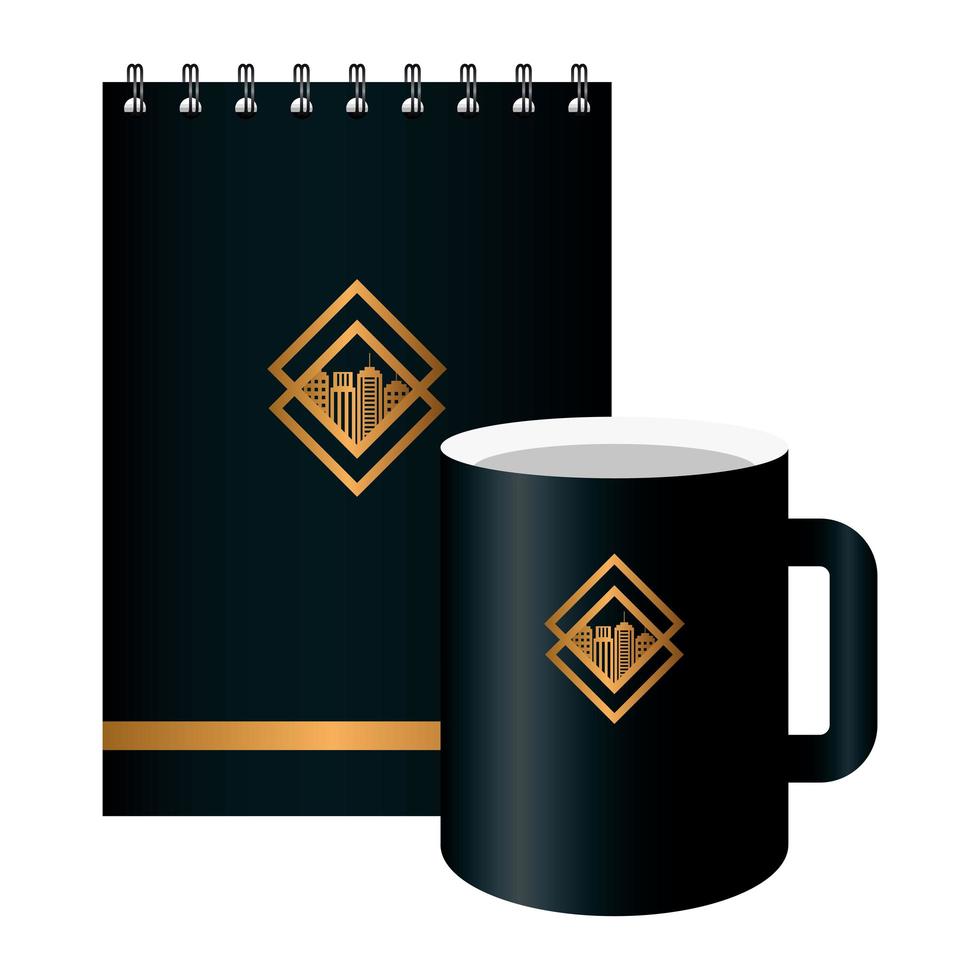 caderno e caneca preta maquete com sinal dourado, identidade corporativa vetor