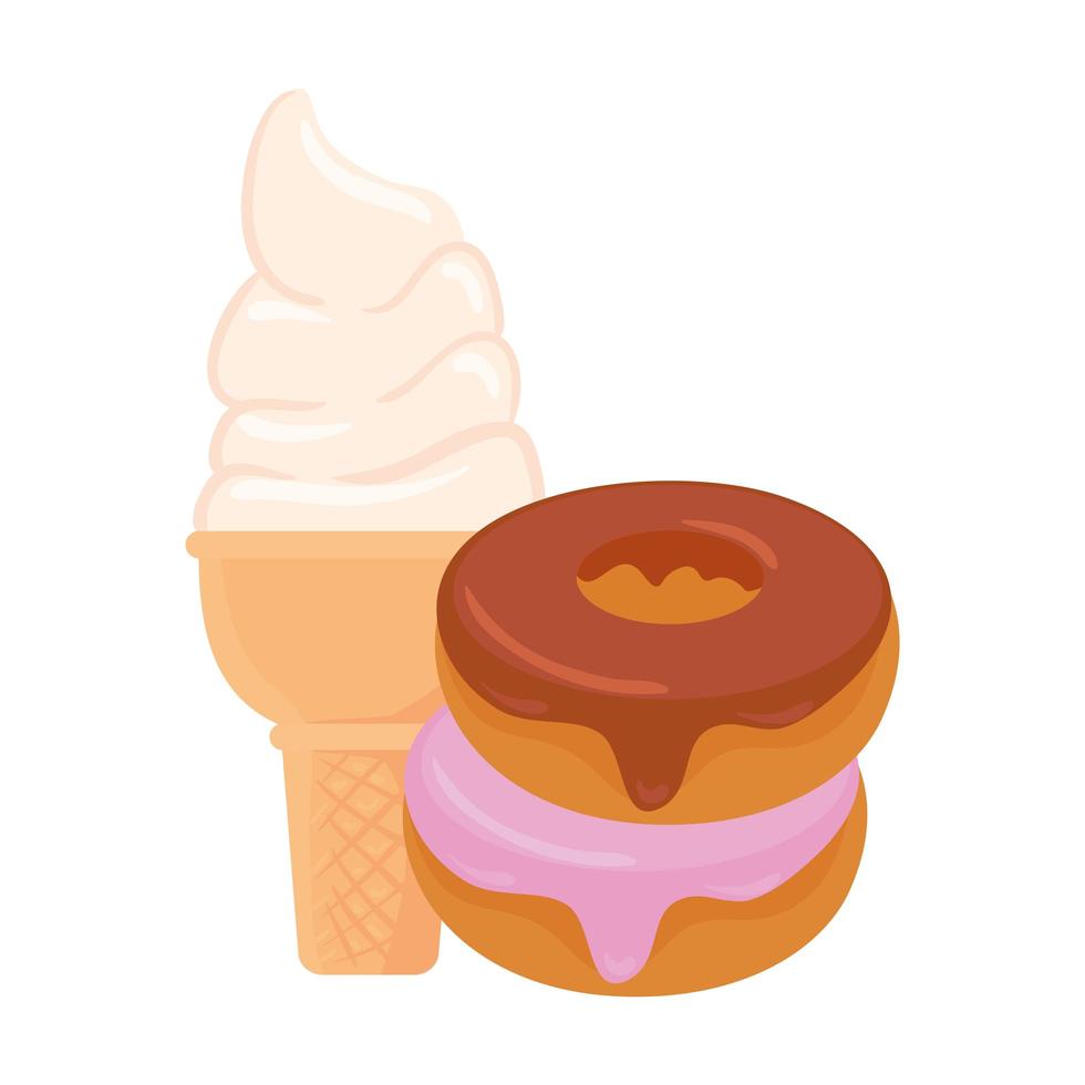fast food, donut doce com sorvete, em fundo branco vetor