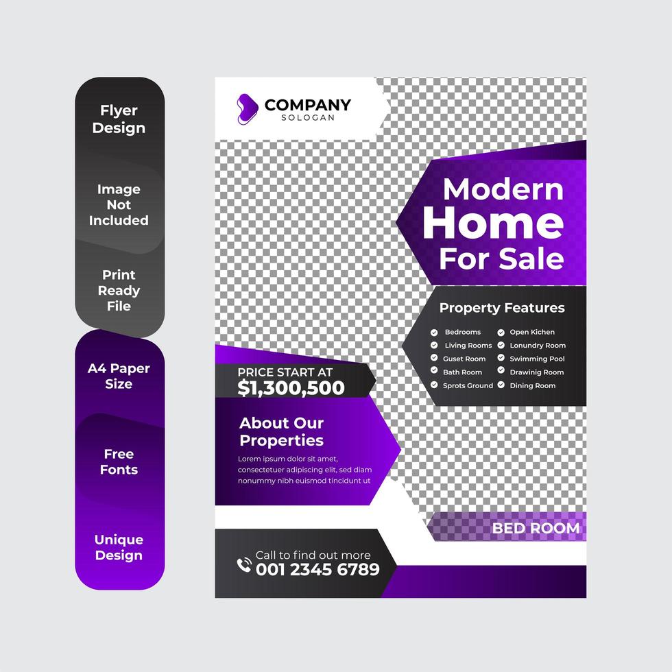 modelo de design de folheto de negócios imobiliários de venda de casa com layout de folheto comercial violeta e preto vetor