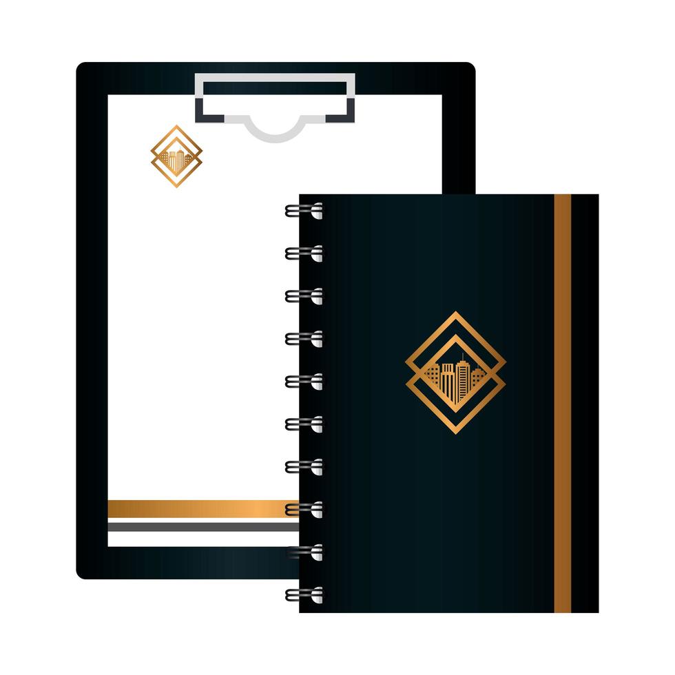 maquete de transferência em preto e documento, caderno, com sinal dourado, identidade corporativa vetor