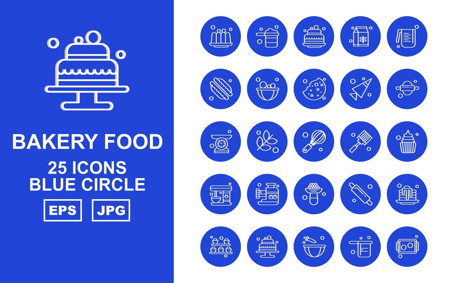 Pacote de ícones de círculo azul com 25 alimentos de padaria premium vetor