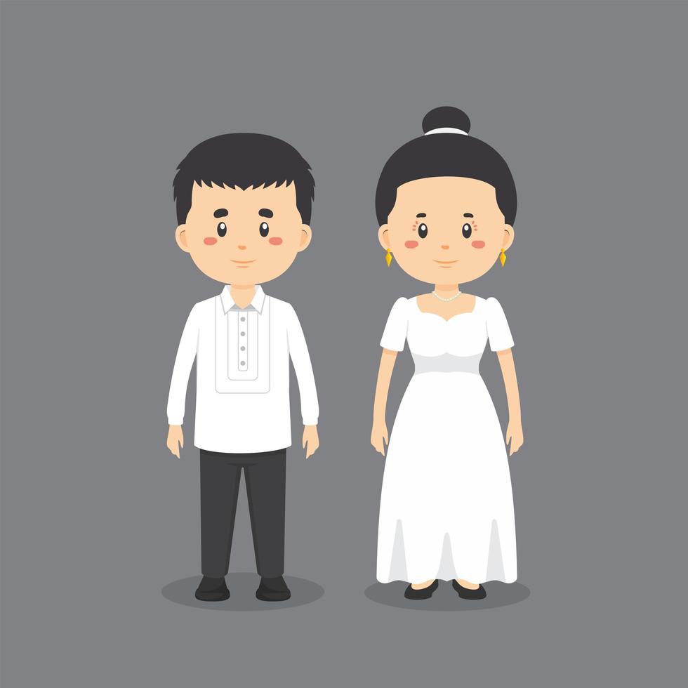 personagens fofinhos vestindo roupas de casamento tradicionais das Filipinas vetor