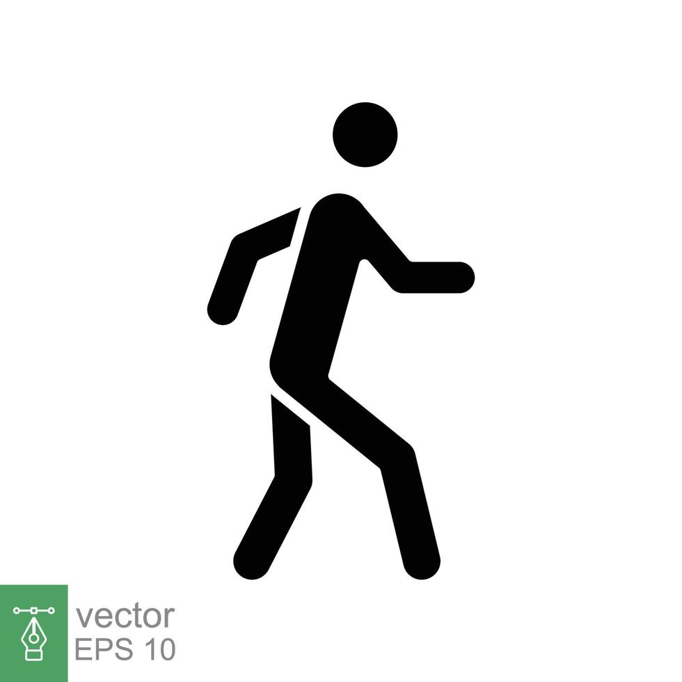 ícone de glifo de caminhada. estilo sólido simples. pedestre, homem, pictograma, humano, lado, conceito de passarela, símbolo de silhueta. ilustração vetorial isolada no fundo branco. eps 10. vetor