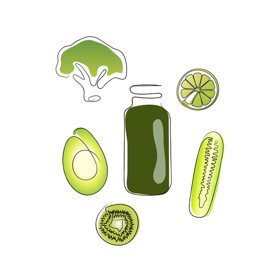 bebida fresca saudável com ingredientes verdes. conjunto de frutas e legumes. design de desenho mínimo de arte contínua de uma linha. mão desenhada ilustração vetorial. vetor