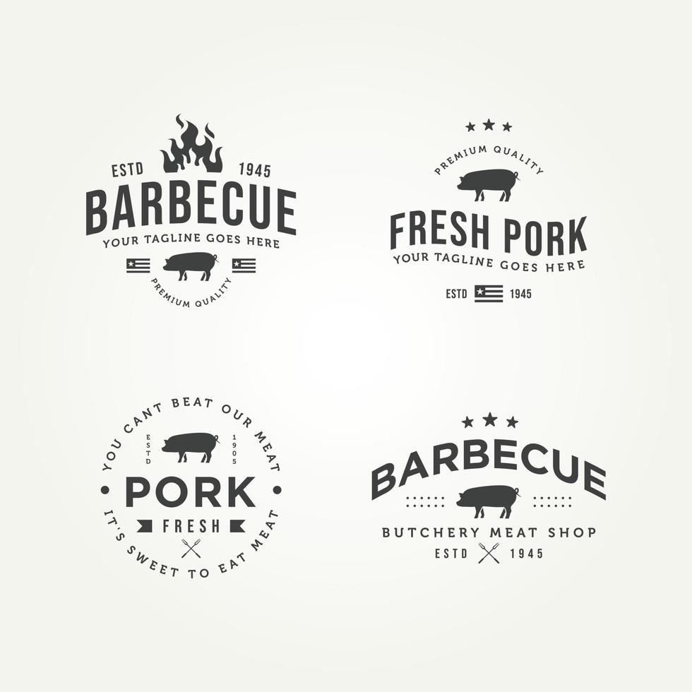 conjunto de design de ilustração vetorial de modelo de logotipo de ícone de porco fresco de churrasco clássico vintage. açougue retrô, açougue, conceito de logotipo de restaurante vetor