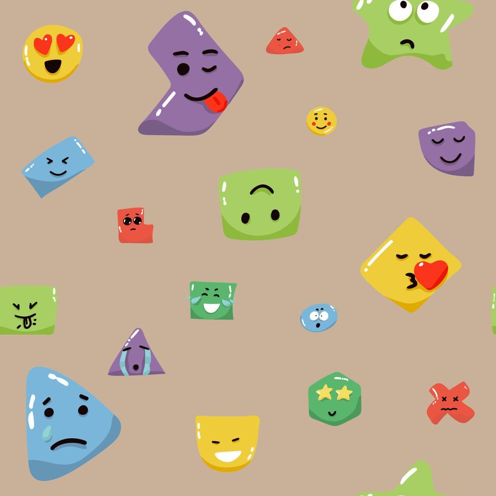 fundo abstrato colorido sem costura com emoji e formas geométricas abstratas no estilo de memphis. fundo vector na moda nas cores brancas, azuis, amarelas e vermelhas.