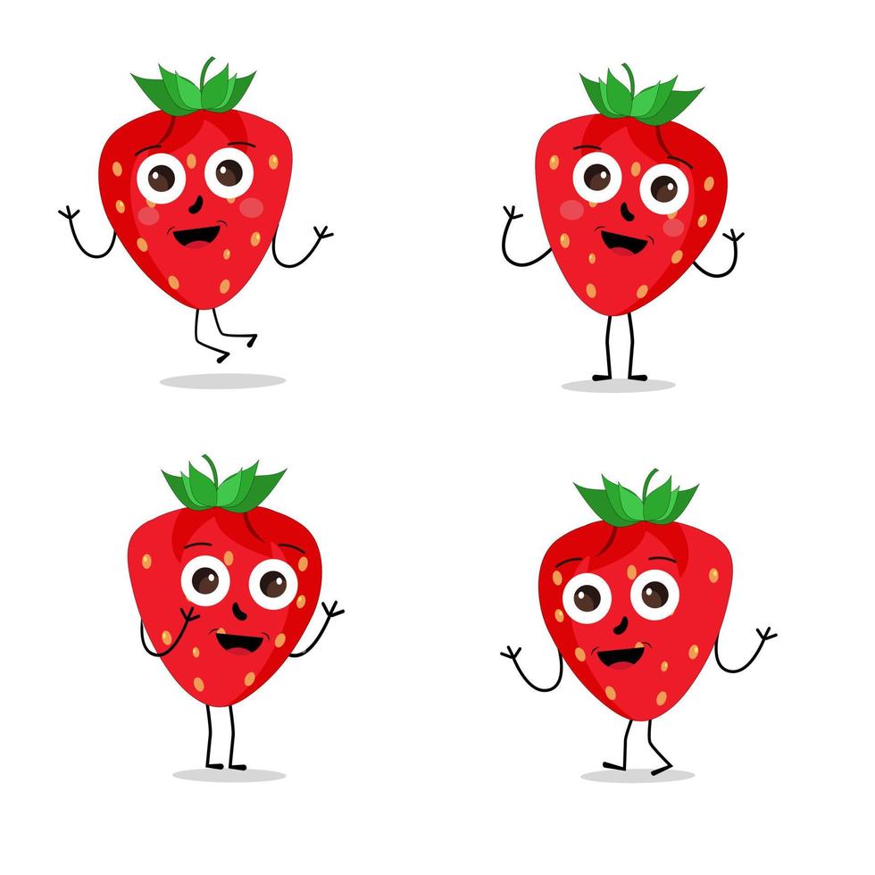 personagem de mascote de desenho animado de fruta morango. ícone de morango. conjunto de caracteres de vetor de frutas fofas isolado em fundo branco.