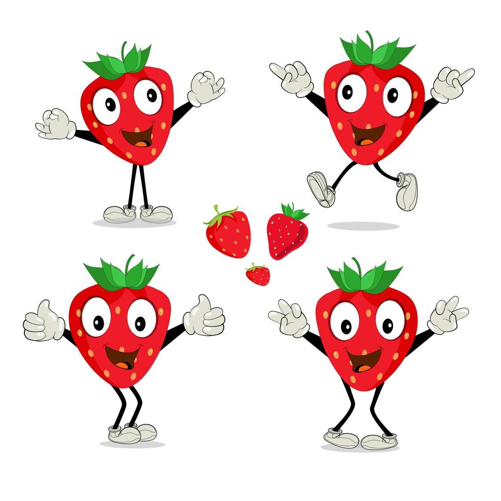 personagem de mascote de desenho animado de fruta morango. ícone de morango. conjunto de caracteres de vetor de frutas fofas isolado em fundo branco.