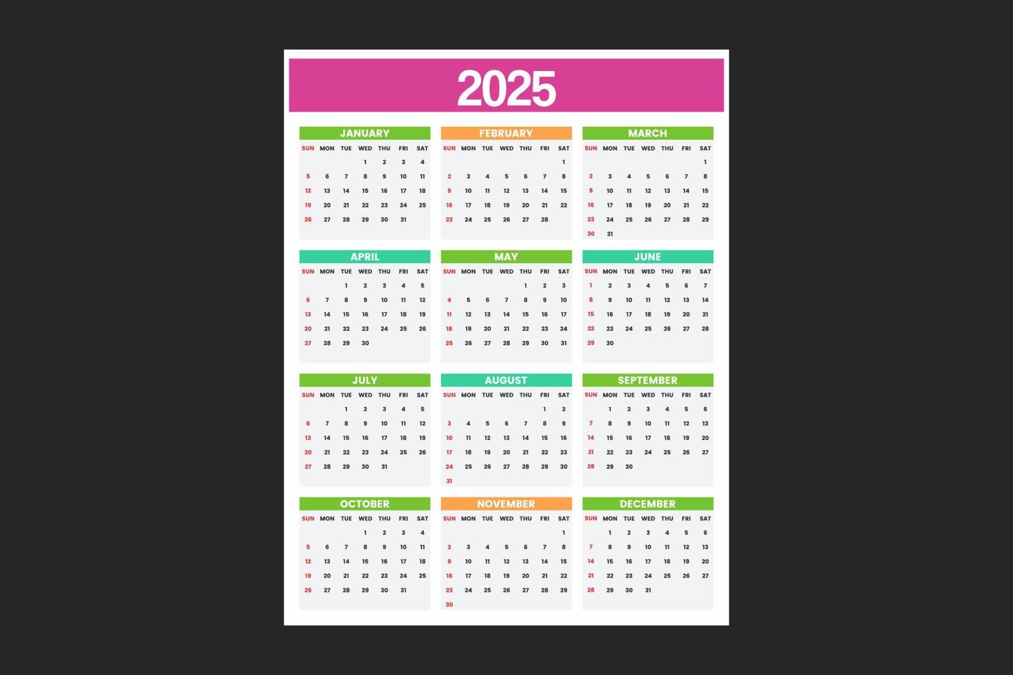 modelo de calendário para 2025 vetor