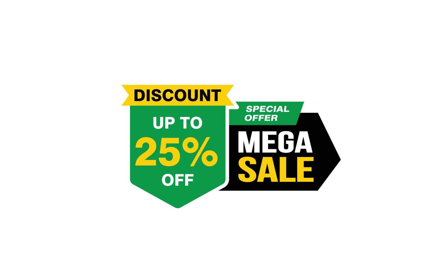 Oferta de mega venda de 25%, liberação, layout de banner de promoção com estilo de adesivo. vetor