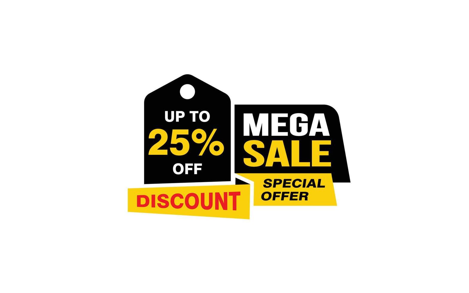 Oferta de mega venda de 25%, liberação, layout de banner de promoção com estilo de adesivo. vetor