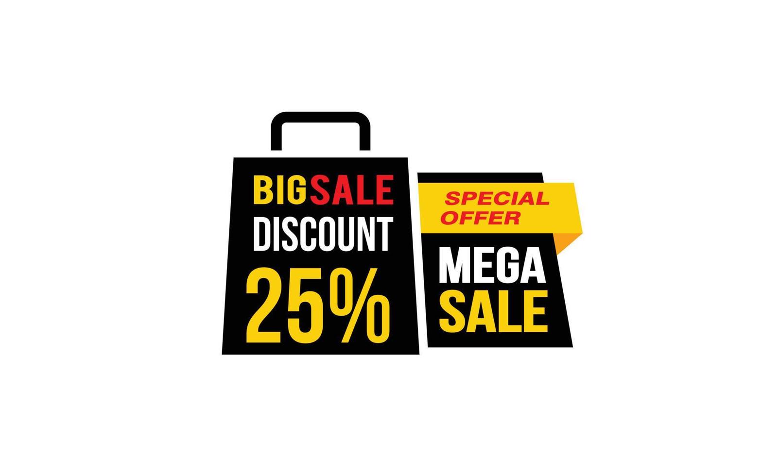 Oferta de mega venda de 25%, liberação, layout de banner de promoção com estilo de adesivo. vetor
