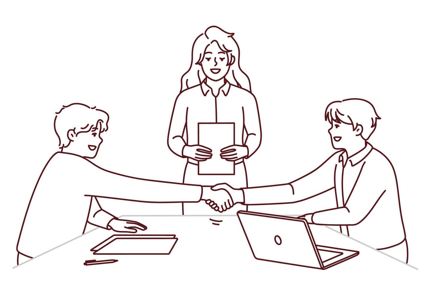 aperto de mão de pessoas fechar acordo na reunião do escritório. empresários sorridentes apertam as mãos fazem acordo no briefing. emprego e parceria. ilustração vetorial. vetor