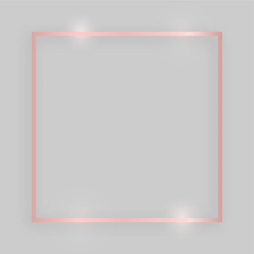 moldura brilhante com efeitos brilhantes. moldura quadrada de ouro rosa com sombra no fundo cinza. ilustração vetorial vetor