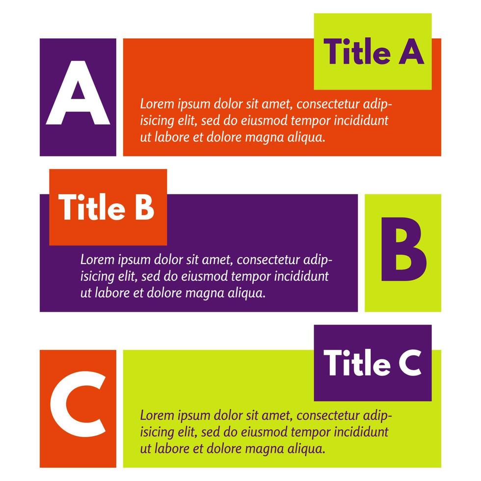 conjunto de três banners de opções coloridas horizontais. modelo de design infográfico passo a passo. ilustração vetorial vetor