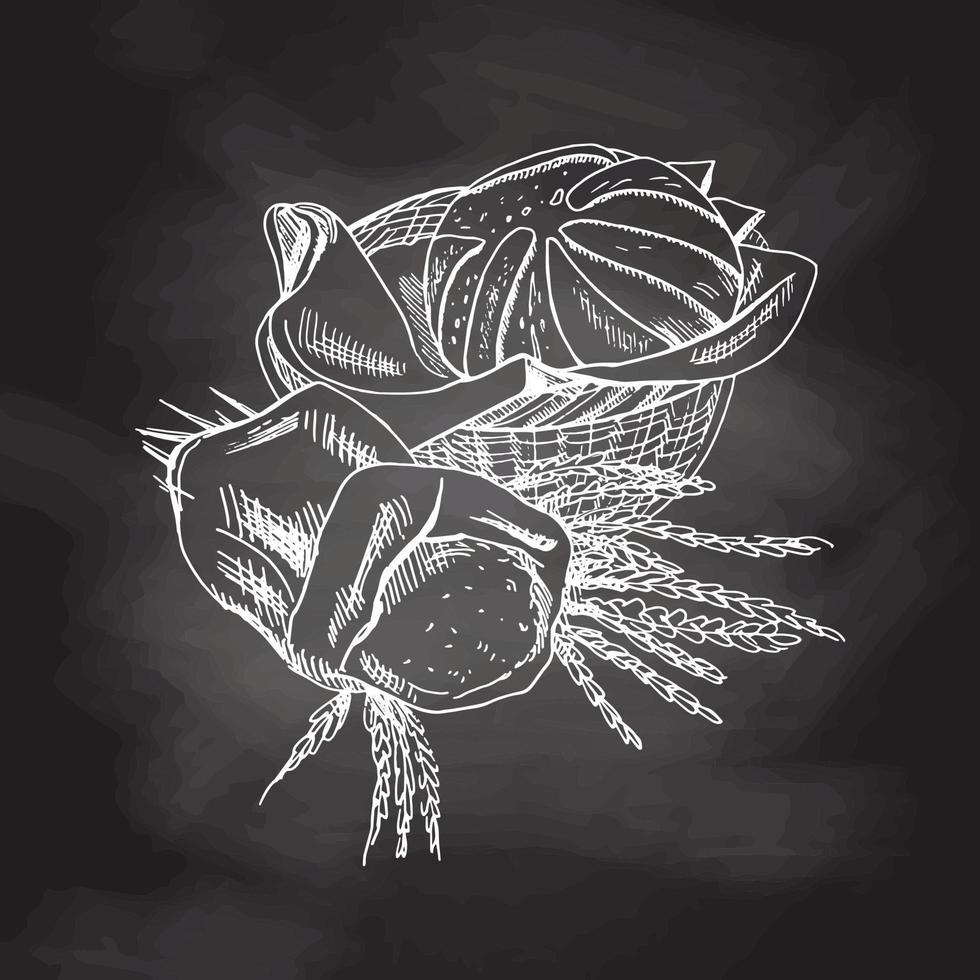 ilustração vetorial de esboço desenhado à mão de cesta de vime com pão e saco com farinha e espigas de trigo. fundo do quadro-negro, desenho branco. ícone de esboço e elemento de padaria. vetor