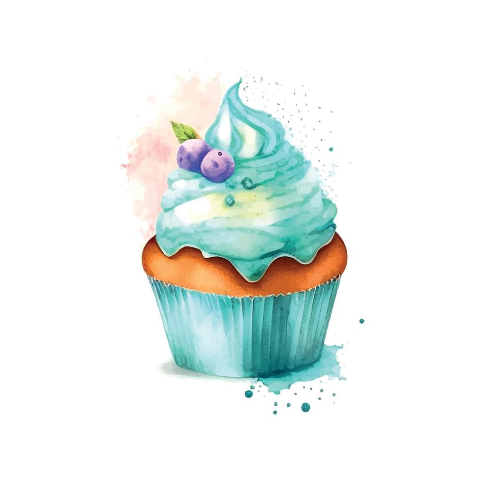 cupcake com creme. sorvete de ilustração em aquarela vetor