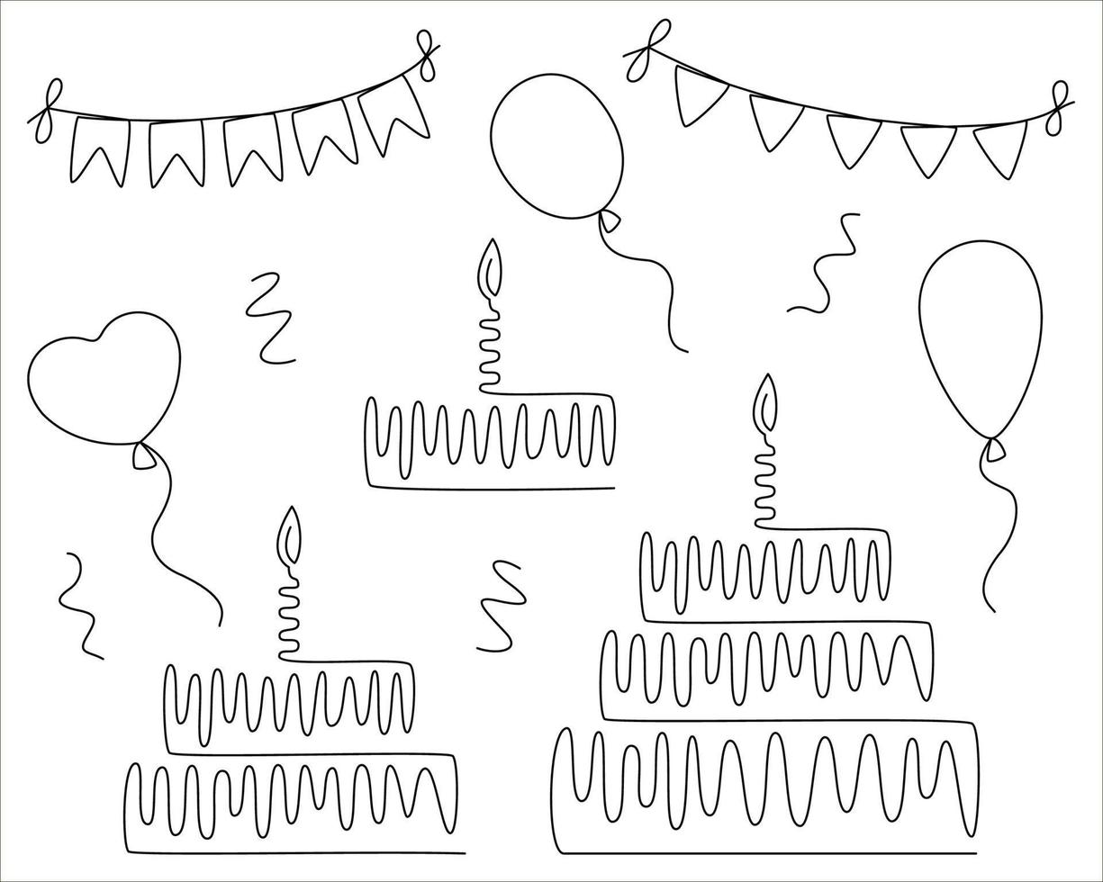 bolos com velas, balões, guirlandas de bandeiras, serpentinas. ilustração em vetor de um aniversário definido no estilo da arte de linha. uma ilustração isolada dos atributos para a celebração.