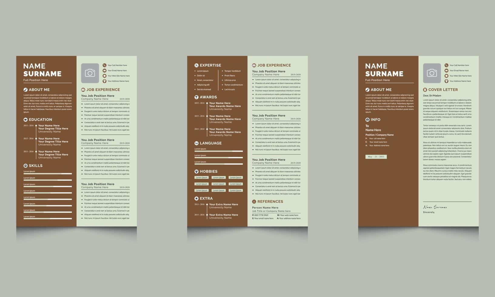 layout de resumo com modelos de cv e carta de apresentação com detalhes em laranja escuro vetor