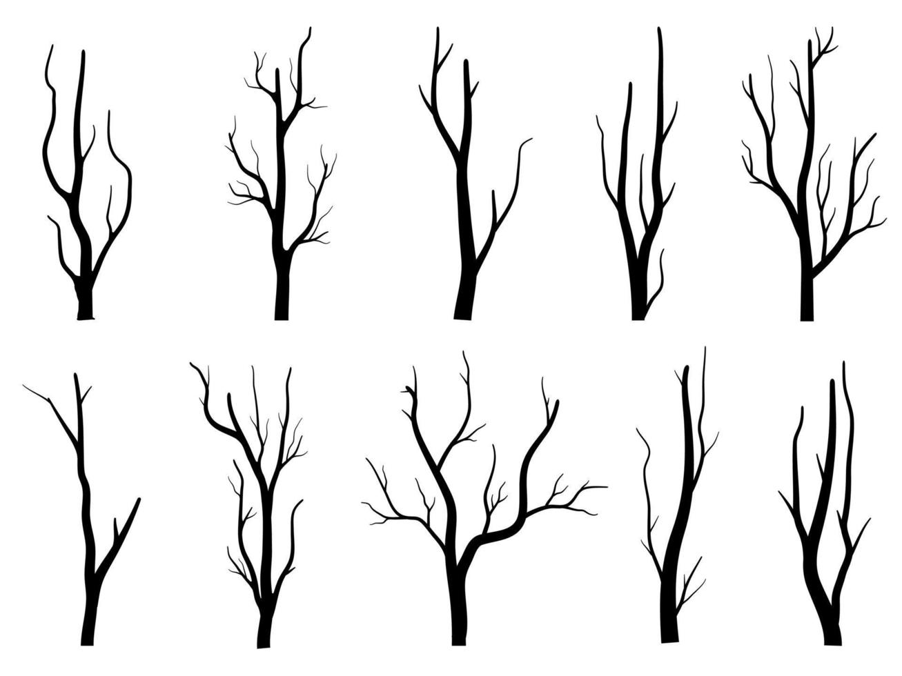 silhueta de árvore de galho preto isolada em fundo branco, vetor desenhado à mão.