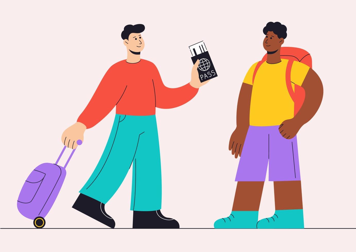 turistas com ilustração vetorial de bagagem. personagens modernos no aeroporto com mala, packpack e passaporte vetor