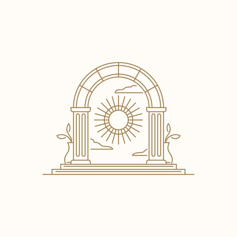 elemento de design do logotipo do arco boho. logotipo da porta do sol místico, entrada da arquitetura do arco antigo e ícone da escada estilo boho estético contemporâneo vetor