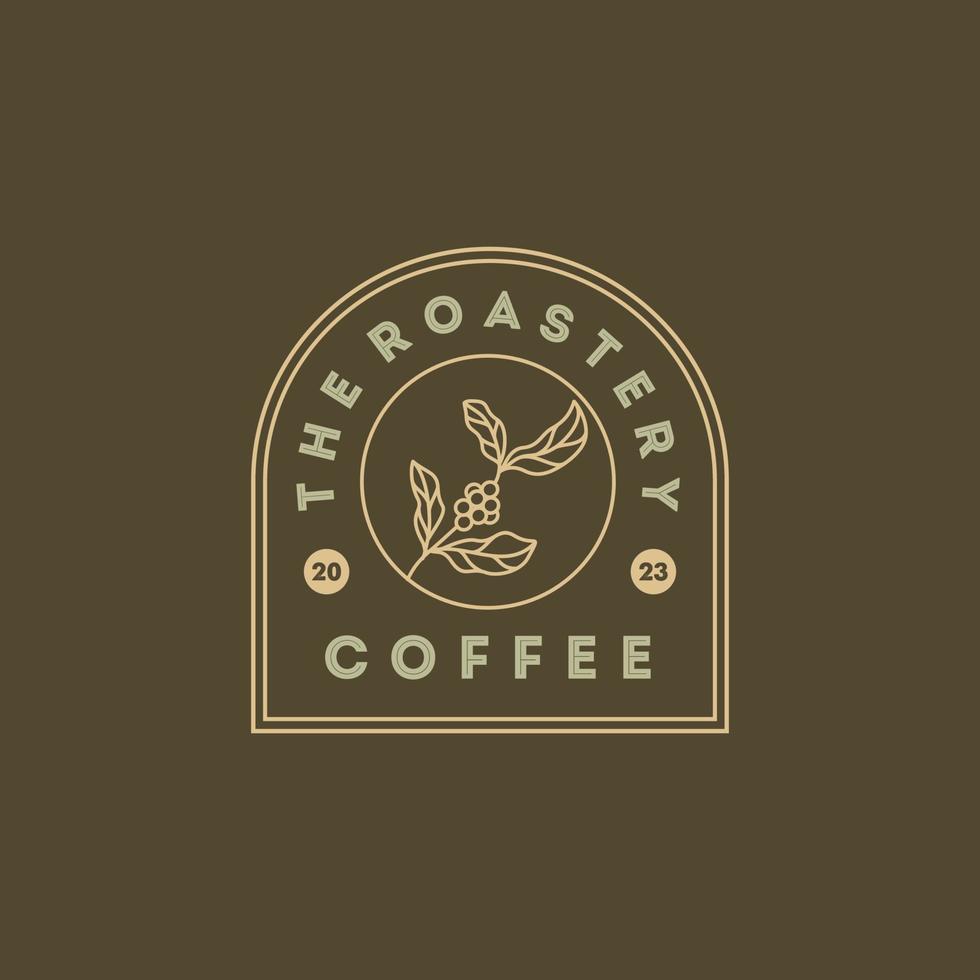 logotipo da cafeteria. crachá retrô grão de café e ramo de folha ícone natural carimbo de linha design de vetor de logotipo em estilo moderno hipster vintage, ícone de símbolo de marca de barra de café premium