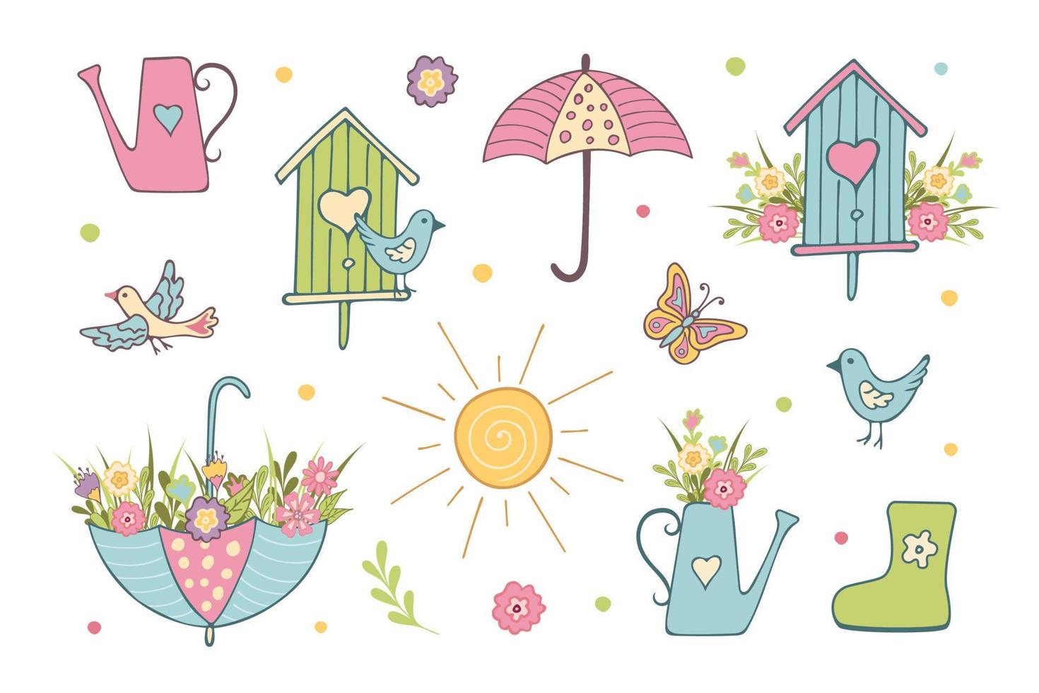 conjunto de elementos planos de primavera isolados no fundo branco. ilustração vetorial desenhada à mão de pássaro, lata de água, casa de passarinho, guarda-chuva, bota e flores. vetor