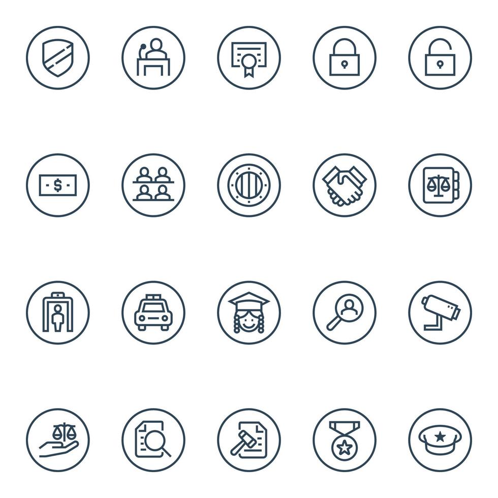 ícones de contorno de distintivo para lei e justiça. vetor