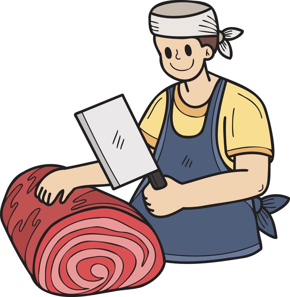 chef desenhado à mão cortando ilustração de carne no estilo doodle vetor