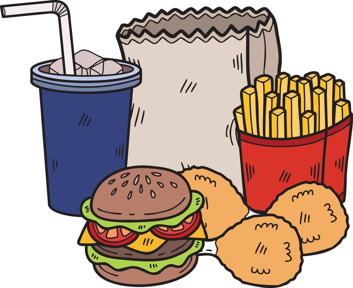 ilustração de conjunto de fast-food desenhada à mão em estilo doodle vetor