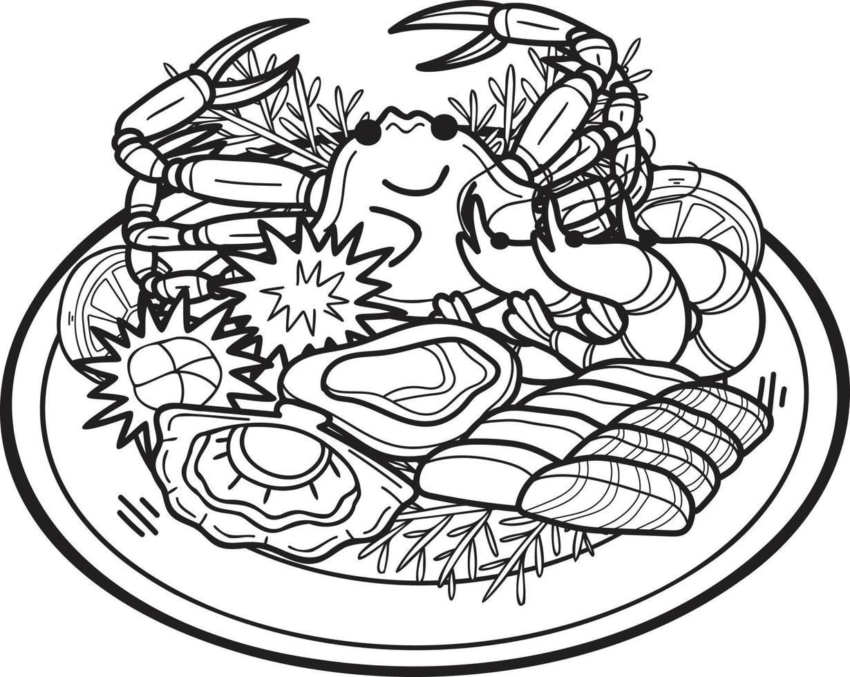 frutos do mar desenhados à mão na ilustração do prato no estilo doodle vetor