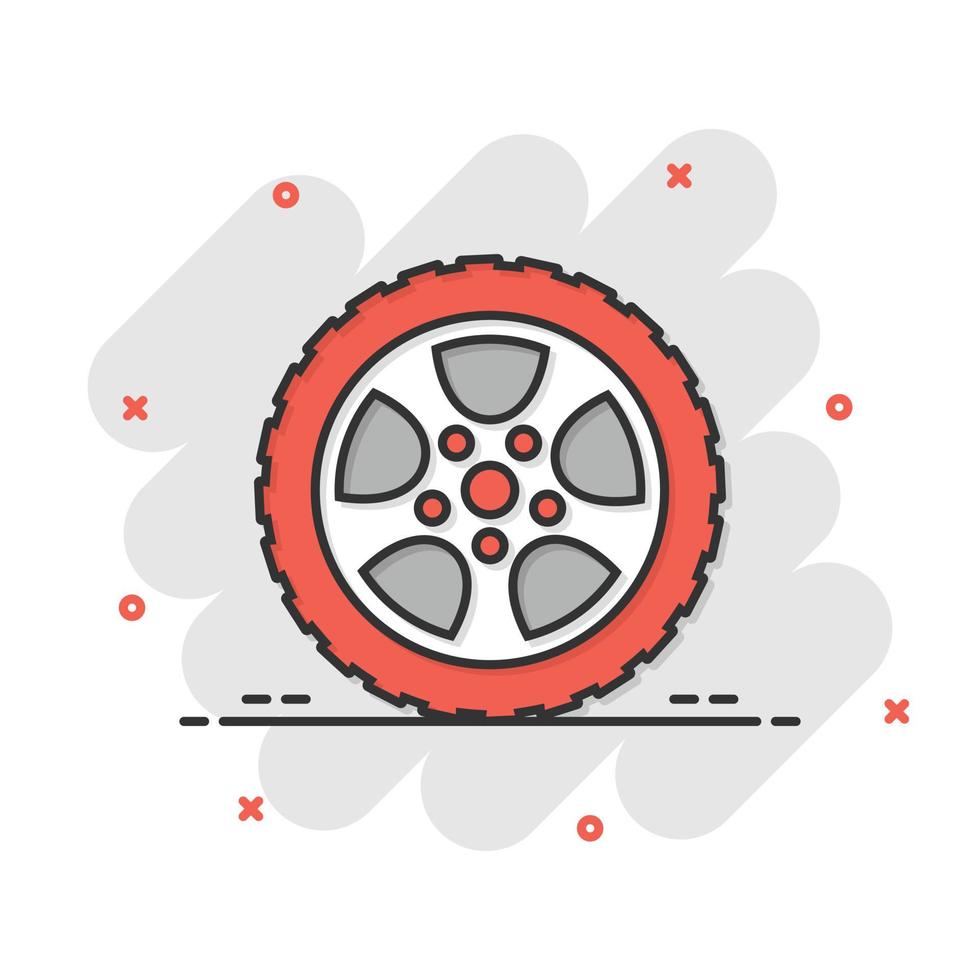 ícone de roda de carro em estilo cômico. ilustração em vetor parte dos desenhos animados do veículo no fundo branco isolado. conceito de negócio de efeito de respingo de pneu.