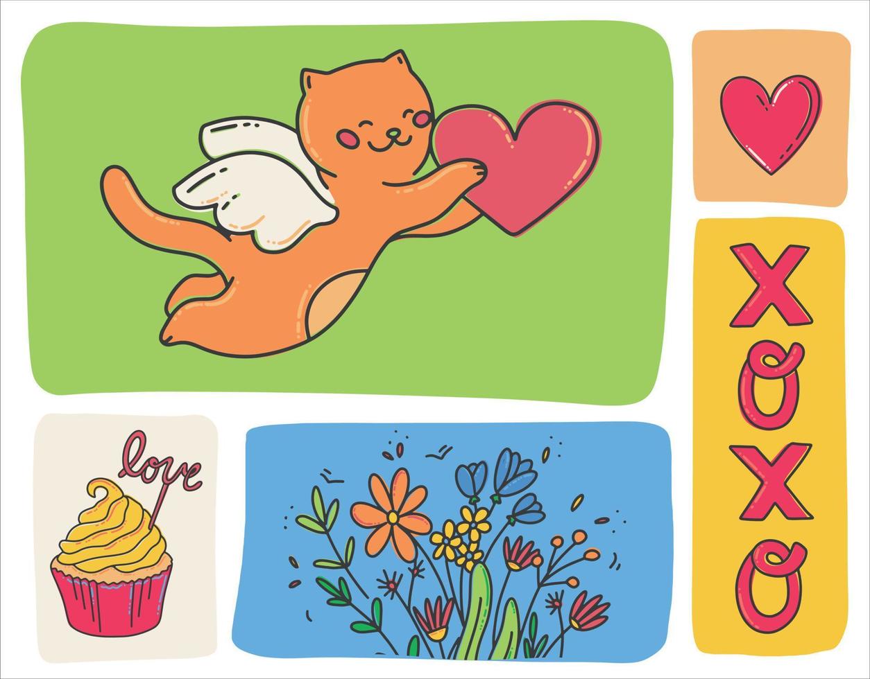 cartão postal para o dia dos namorados. lindo gato cupido com um coração, um buquê e um cupcake com o amor de inscrição. símbolos do feriado de todos os amantes. ilustração vetorial em um estilo simples. vetor