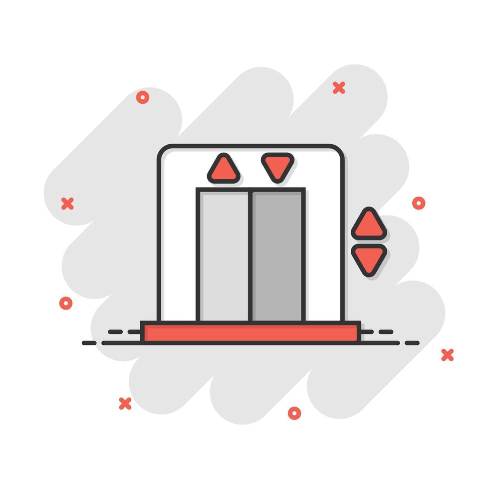 ícone do elevador em estilo cômico. levante a ilustração vetorial dos desenhos animados em fundo branco isolado. conceito de negócio de efeito de respingo de transporte de passageiros. vetor