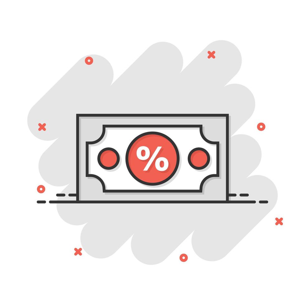 ícone de notas de moeda de dólar em estilo cômico. dólar em dinheiro desconto ilustração vetorial dos desenhos animados no fundo branco isolado. nota de banco com conceito de negócio de efeito splash de porcentagem. vetor