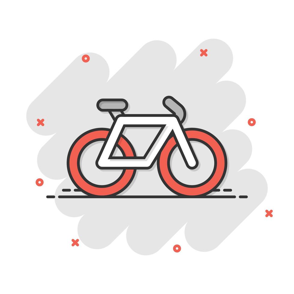 ícone de bicicleta em estilo cômico. ilustração em vetor bicicleta dos desenhos animados no fundo branco isolado. conceito de negócio de efeito de respingo de viagem de ciclo.